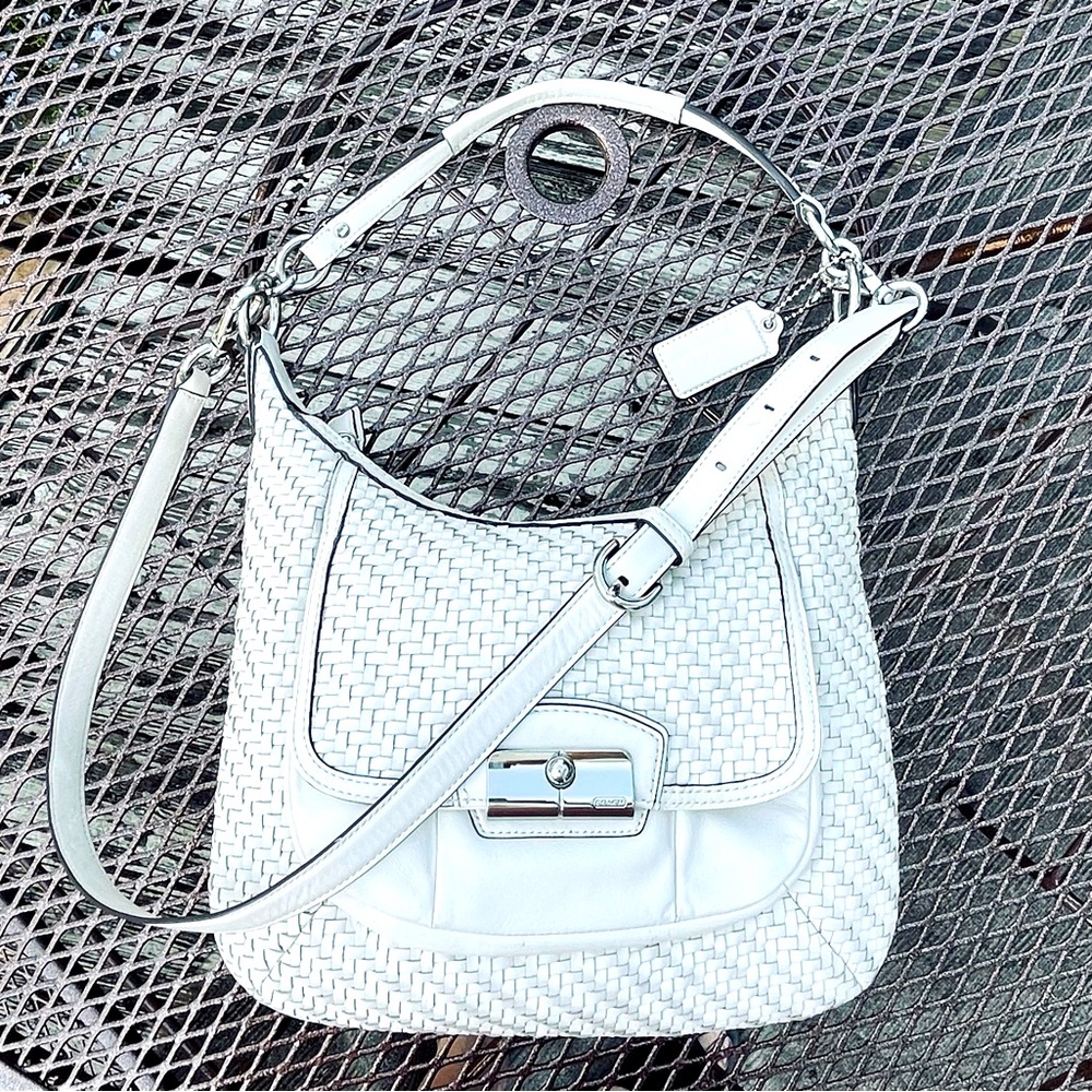 Coach Kristin Leather Convertible Hobo Shoulder Weaved Leather in white